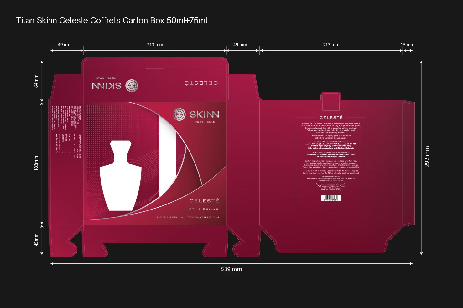 A technical packaging design schematic for the Titan Skinn Celeste women's fragrance coffret, developed during the brand identity design phase by Kern Culture. This dieline, rendered in a rich magenta, details the precise structural specifications for the 50ml perfume and 75ml deodorant gift box, demonstrating the intellectual rigour of the design process.