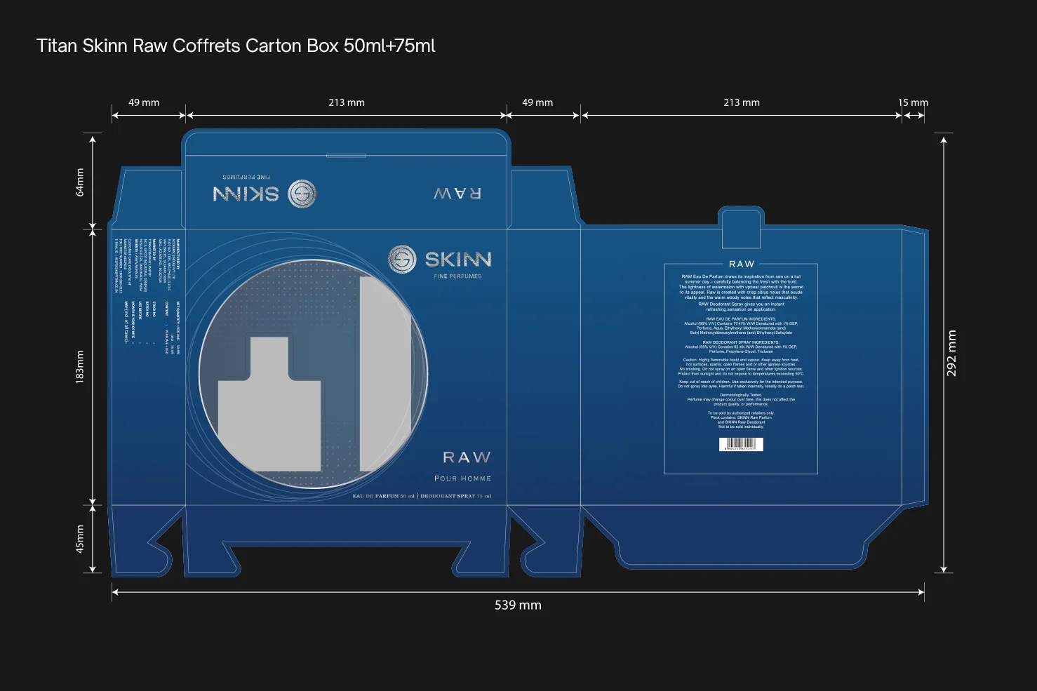 The technical packaging design dieline for the Titan Skinn Raw men's fragrance coffret, created by strategic design consultancy Kern Culture. This detailed schematic in deep blue showcases the precise dimensions and structural design for the 50ml perfume and 75ml deodorant gift set, a key part of the brand identity and packaging design service.