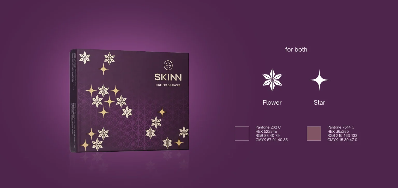 A brand identity design guide created by Kern Culture for the Titan Skinn festive packaging. The graphic displays the specific floral and star motifs alongside the precise Pantone and CMYK colour codes for the rich purple box, demonstrating the meticulous, strategy-led design process that ensures brand consistency.